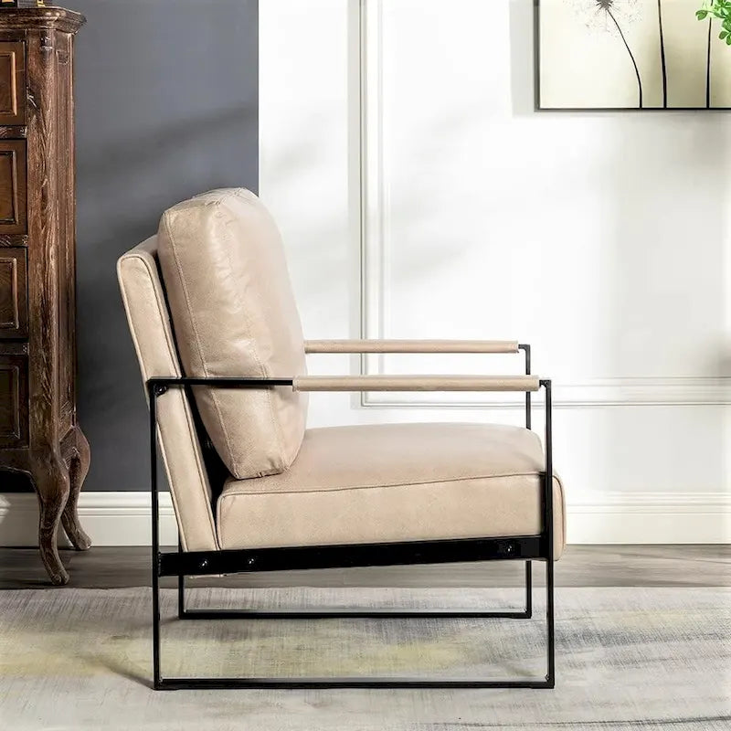 Mid-Century Modern PU Upholstered Accent Armchair with Square Metal Arms