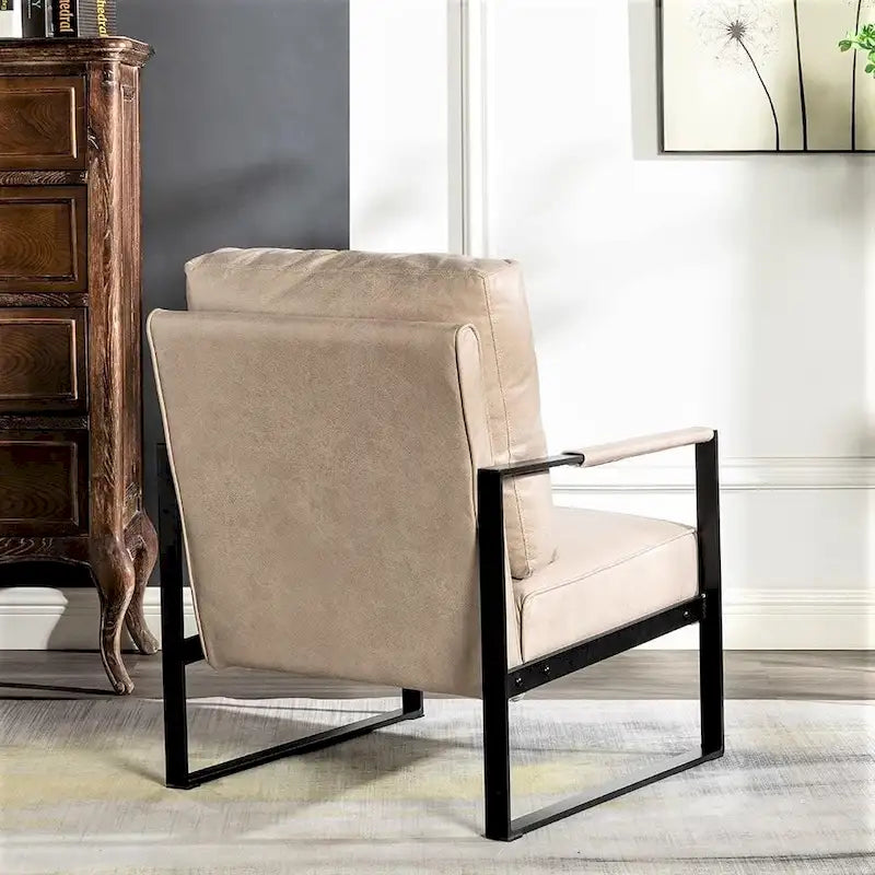 Mid-Century Modern PU Upholstered Accent Armchair with Square Metal Arms