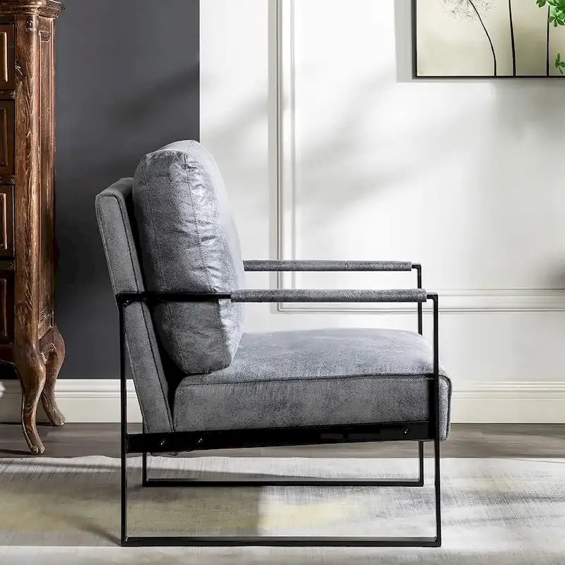 Mid-Century Modern PU Upholstered Accent Armchair with Square Metal Arms