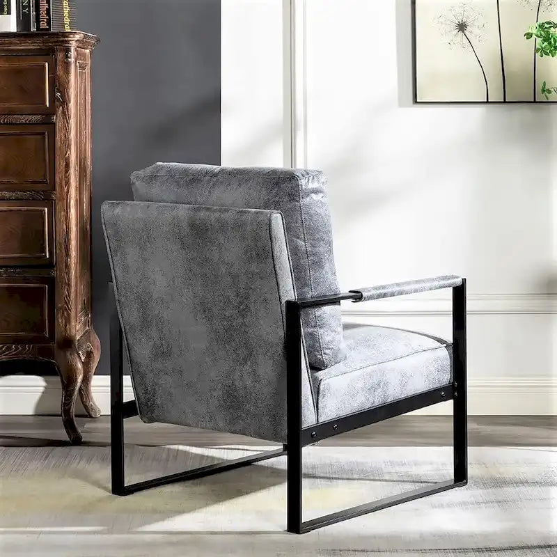Mid-Century Modern PU Upholstered Accent Armchair with Square Metal Arms