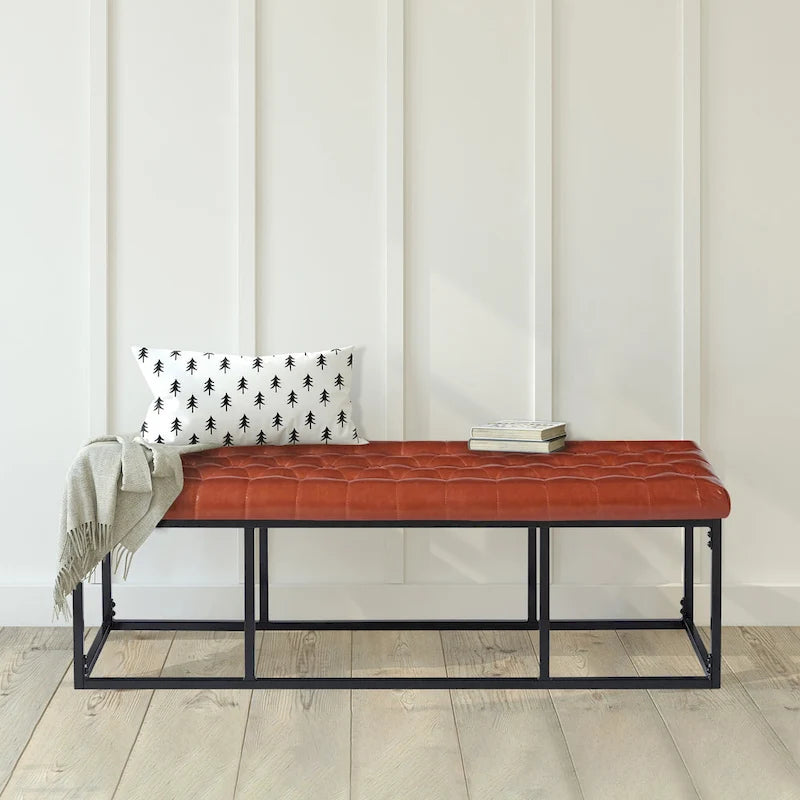 Button Tufted Faux Leather Accent Bench with Industrial Metal Frame