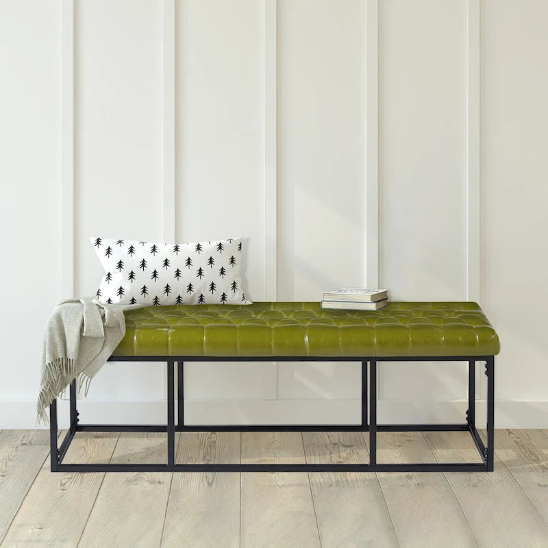 Button Tufted Faux Leather Accent Bench with Industrial Metal Frame