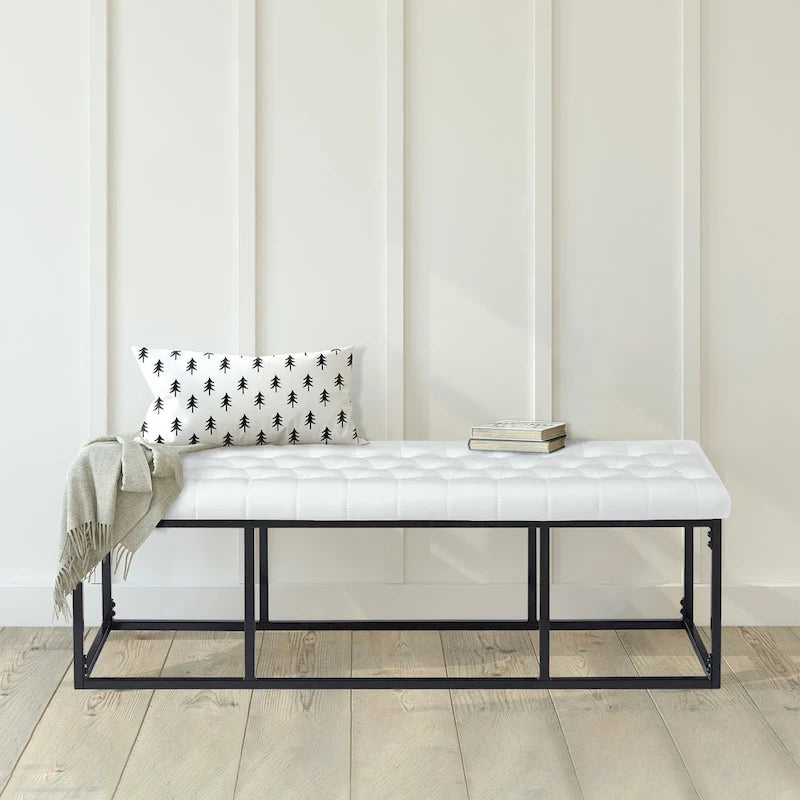 Button Tufted Faux Leather Accent Bench with Industrial Metal Frame