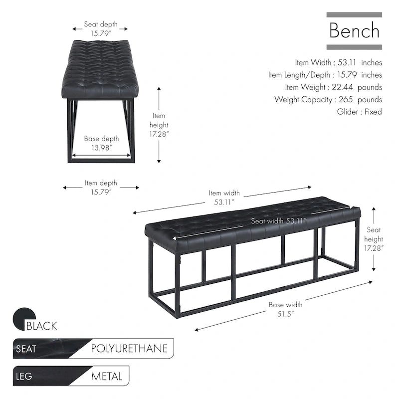 Button Tufted Faux Leather Accent Bench with Industrial Metal Frame