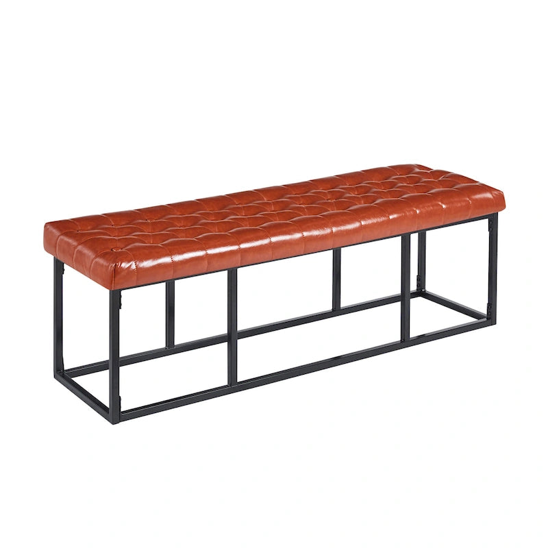 Button Tufted Faux Leather Accent Bench with Industrial Metal Frame