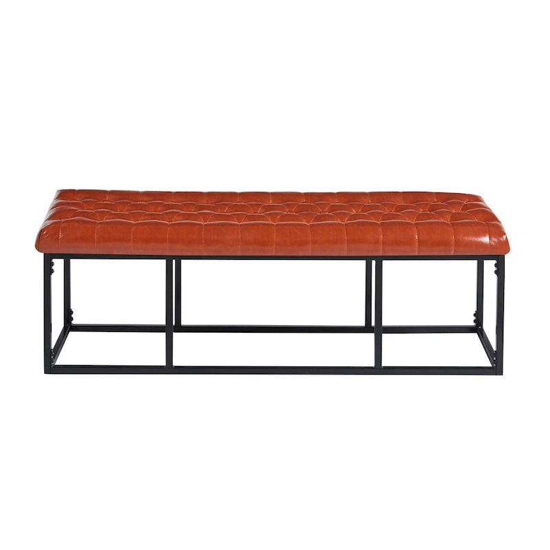 Button Tufted Faux Leather Accent Bench with Industrial Metal Frame