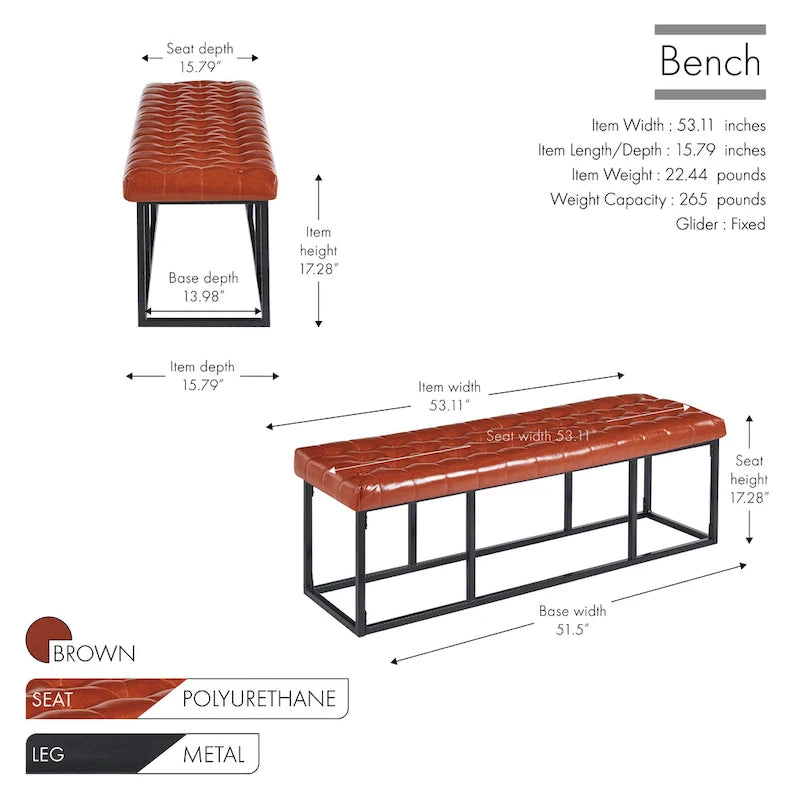 Button Tufted Faux Leather Accent Bench with Industrial Metal Frame