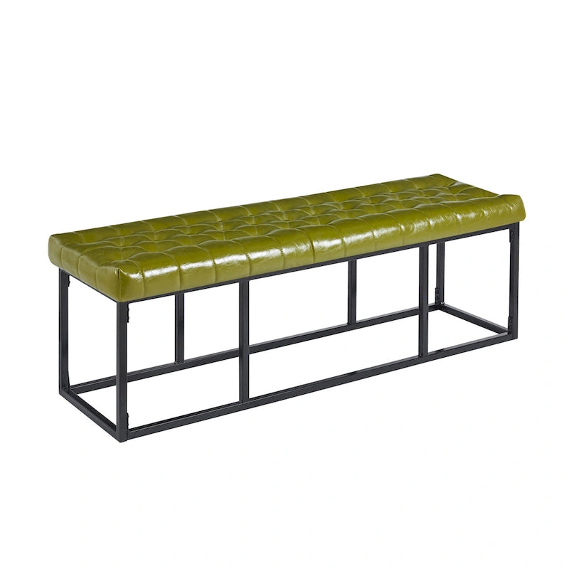 Button Tufted Faux Leather Accent Bench with Industrial Metal Frame
