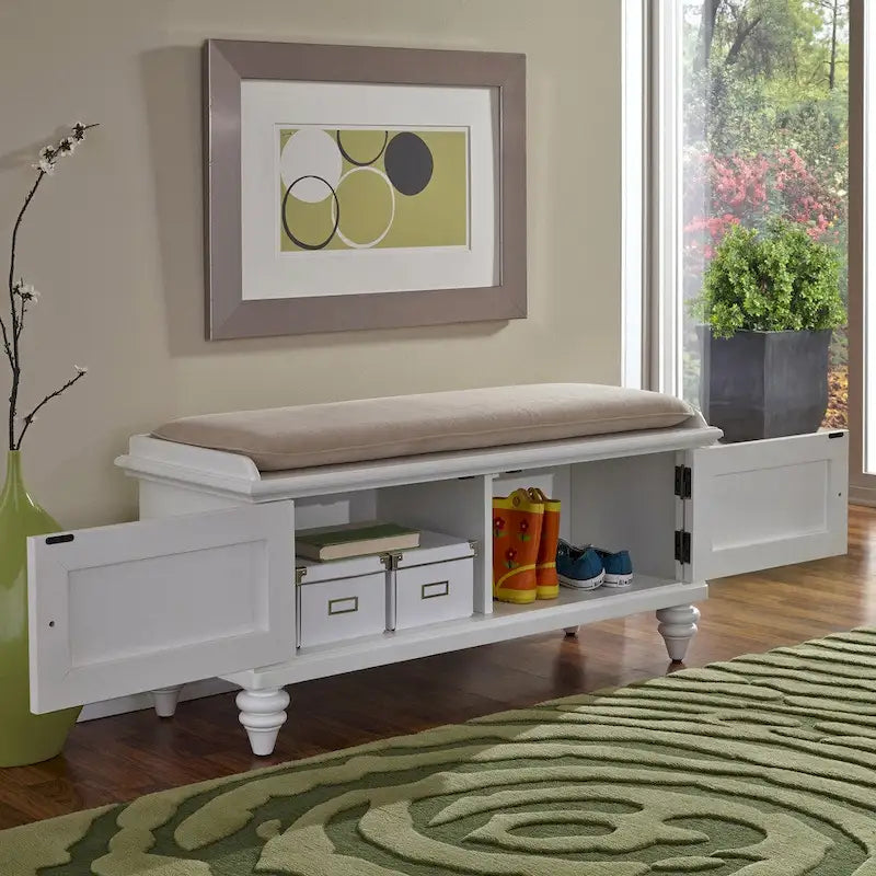 Upholstered Storage Bench with Cabinet Doors and Cushioned Seat in Brushed White