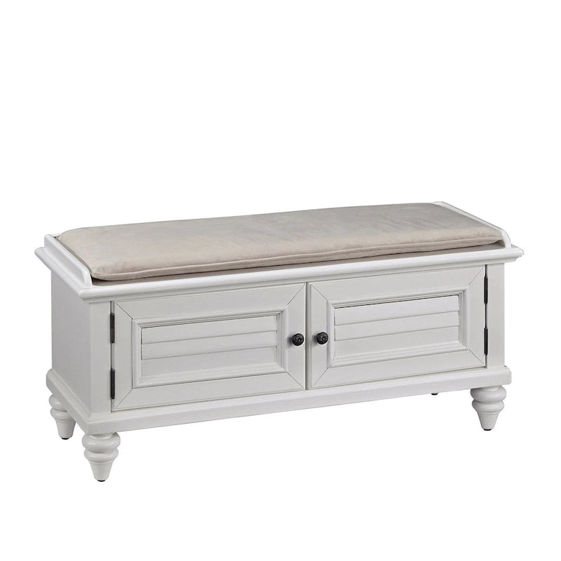 Upholstered Storage Bench with Cabinet Doors and Cushioned Seat in Brushed White
