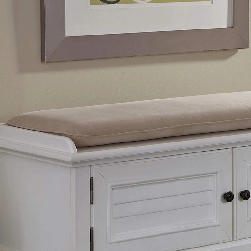 Upholstered Storage Bench with Cabinet Doors and Cushioned Seat in Brushed White