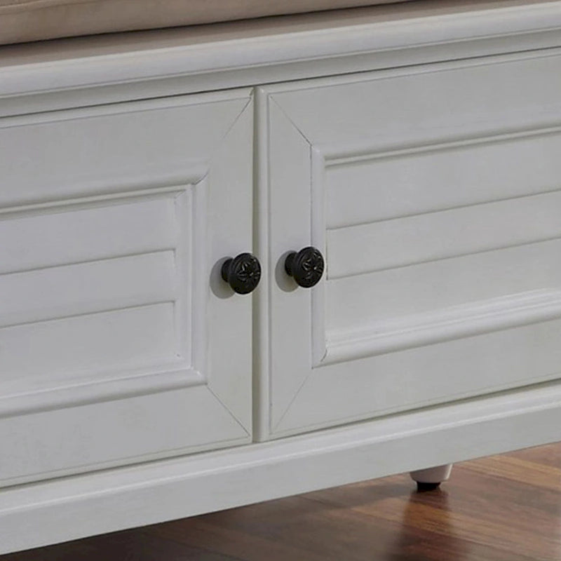 Upholstered Storage Bench with Cabinet Doors and Cushioned Seat in Brushed White