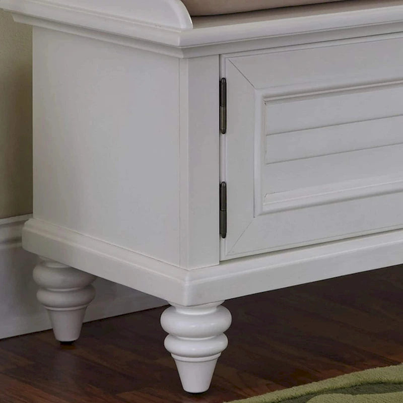 Upholstered Storage Bench with Cabinet Doors and Cushioned Seat in Brushed White