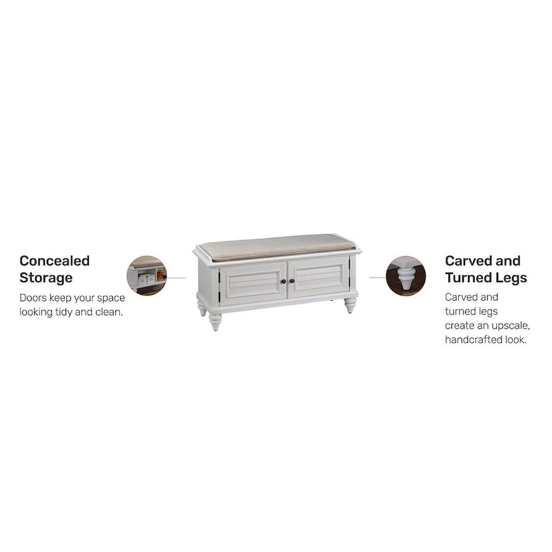 Upholstered Storage Bench with Cabinet Doors and Cushioned Seat in Brushed White