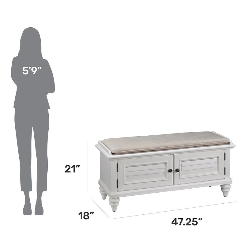 Upholstered Storage Bench with Cabinet Doors and Cushioned Seat in Brushed White