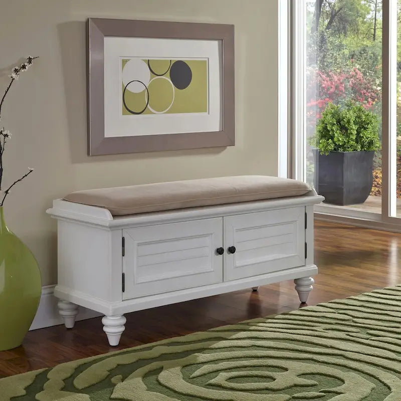 Upholstered Storage Bench with Cabinet Doors and Cushioned Seat in Brushed White