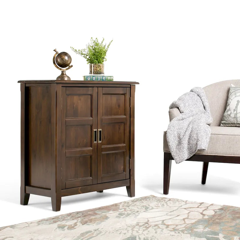 Solid Wood Low Storage Cabinet with Adjustable Shelves and Panel Doors