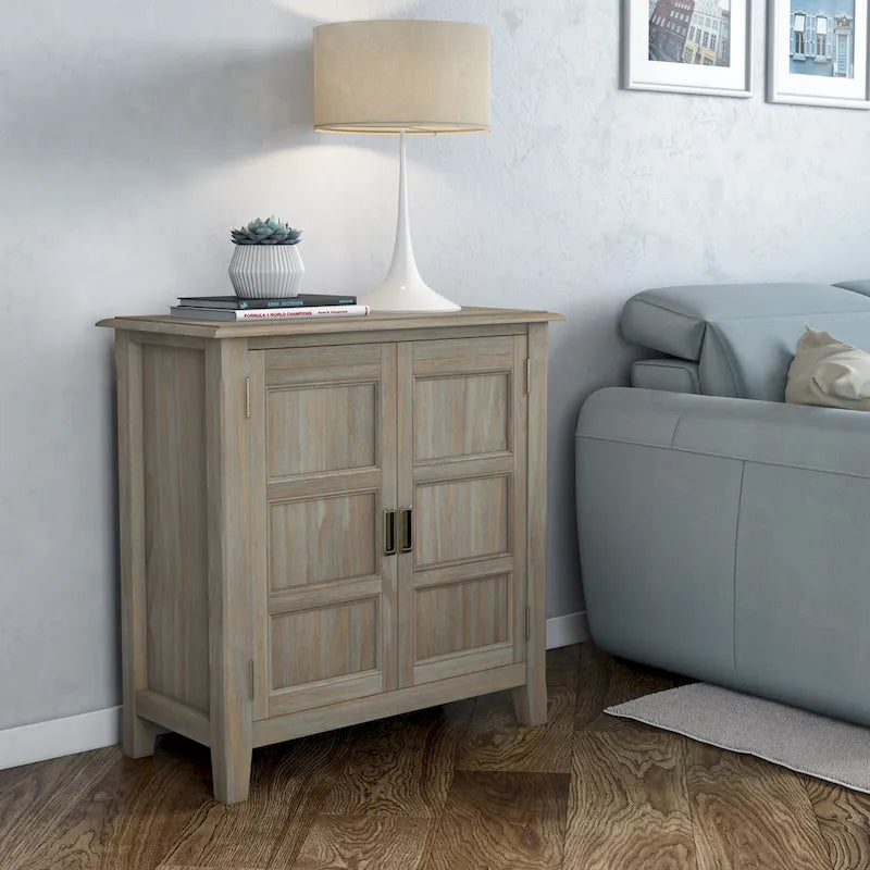 Solid Wood Low Storage Cabinet with Adjustable Shelves and Panel Doors