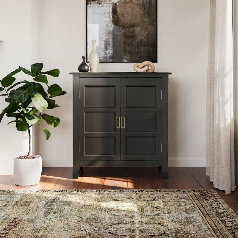 Solid Wood Low Storage Cabinet with Adjustable Shelves and Panel Doors