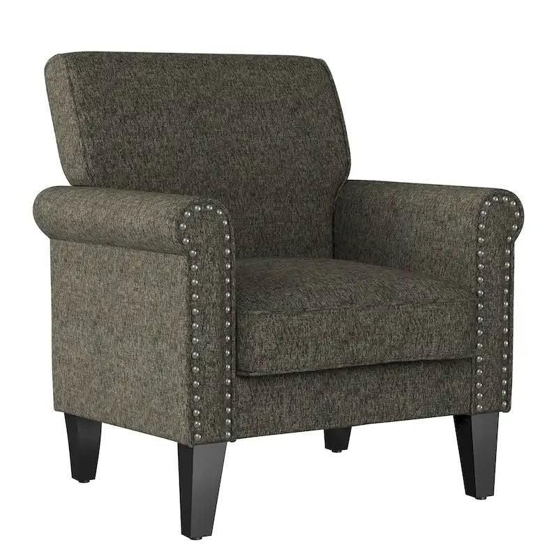 Fauteuil d'appoint traditionnel à accoudoirs roulés, avec garniture cloutée
