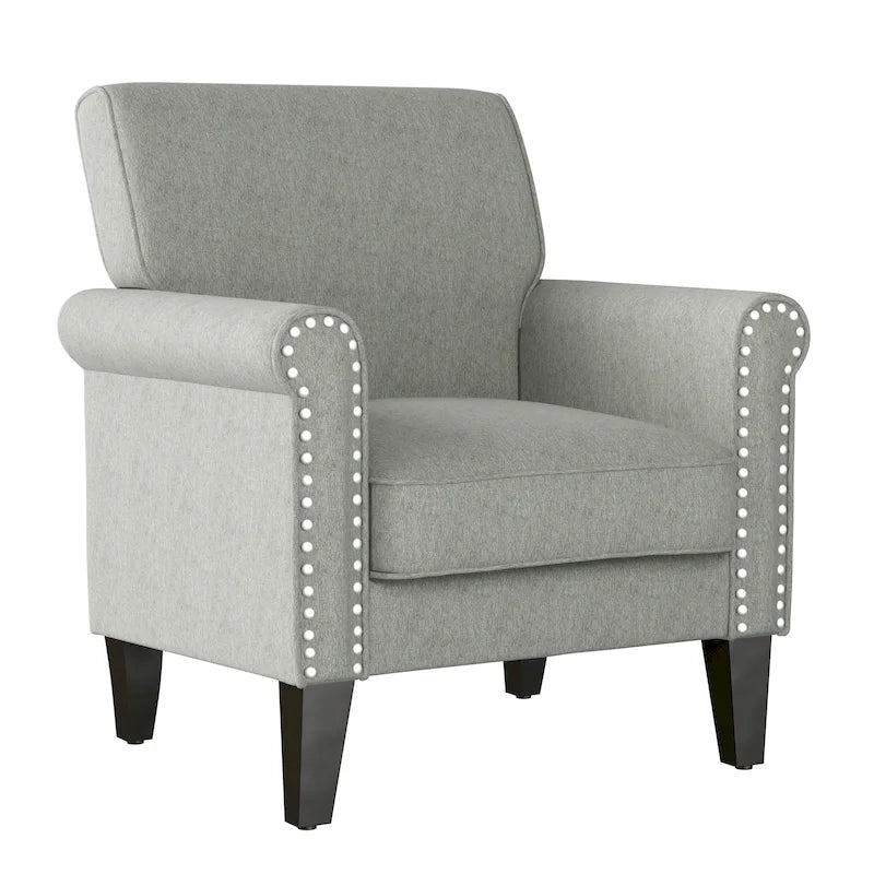 Fauteuil d'appoint traditionnel à accoudoirs roulés, avec garniture cloutée