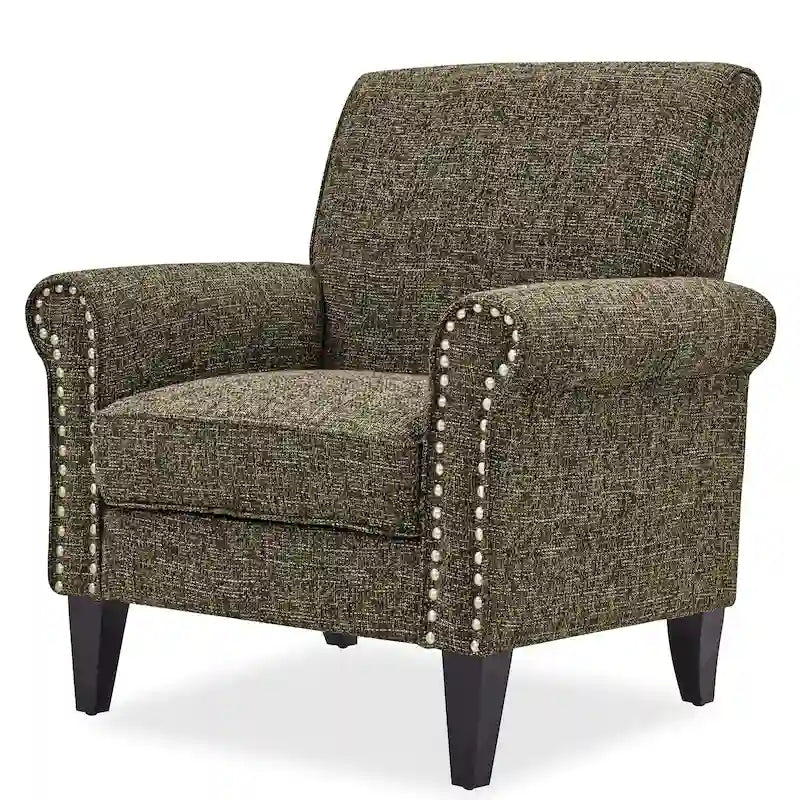 Fauteuil d'appoint traditionnel à accoudoirs roulés, avec garniture cloutée