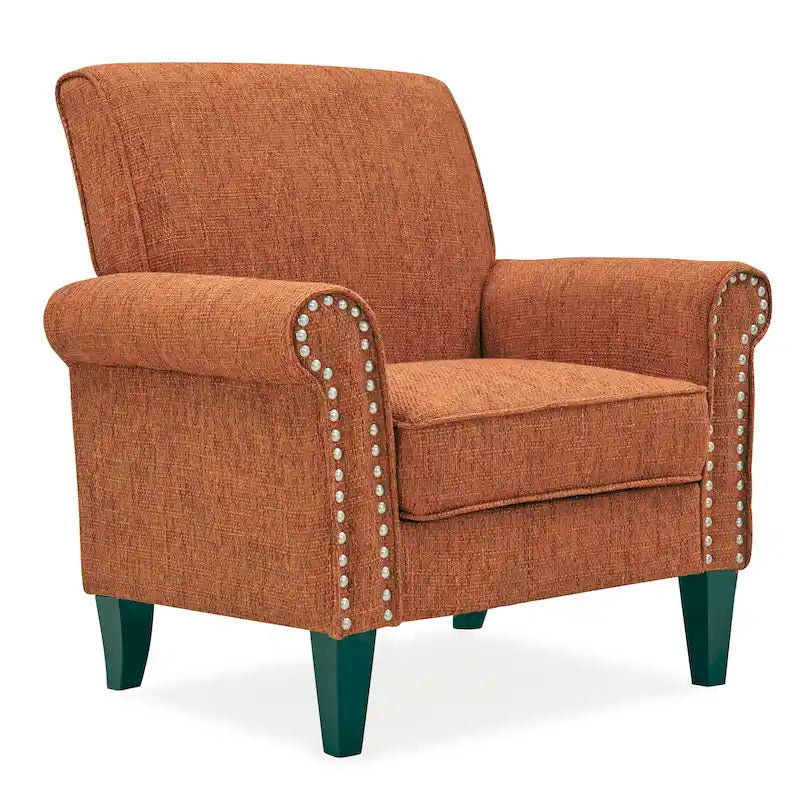 Fauteuil d'appoint traditionnel à accoudoirs roulés, avec garniture cloutée