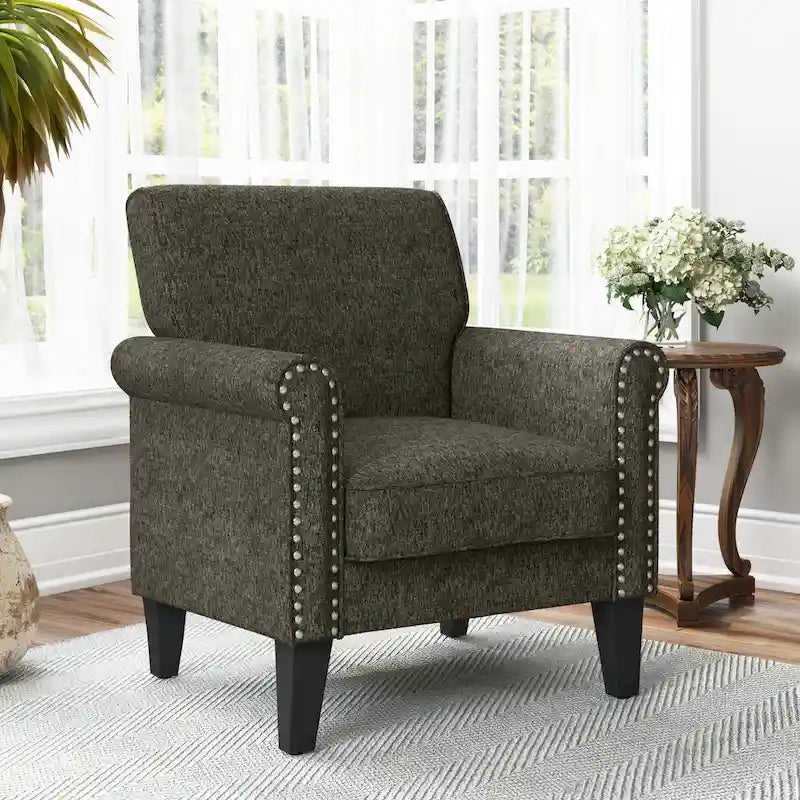 Traditional Rolled Arm Accent Chair with Nailhead Trim Upholstered