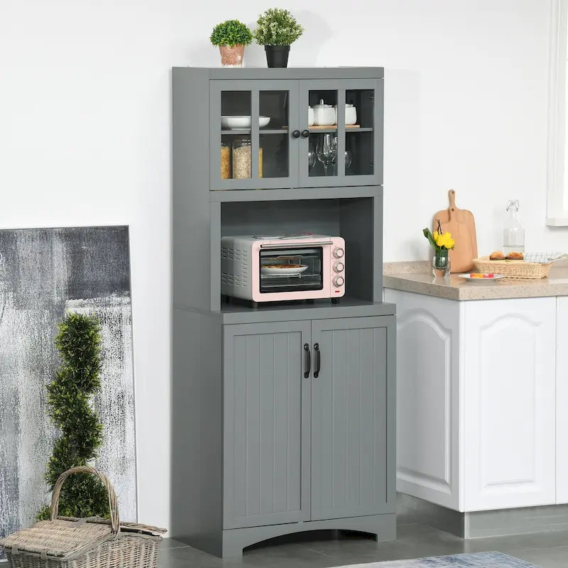 Vaisselier de cuisine haut avec portes vitrées et espace ouvert pour micro-ondes, blanc