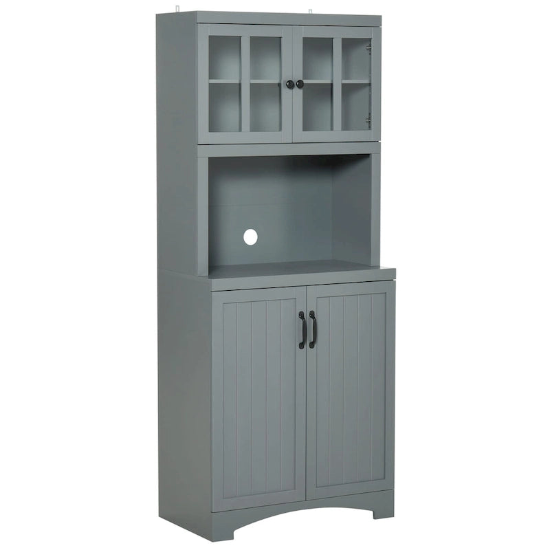 Tall Kitchen Buffet Hutch Cabinet with Glass Framed Doors and Open Microwave Space, White