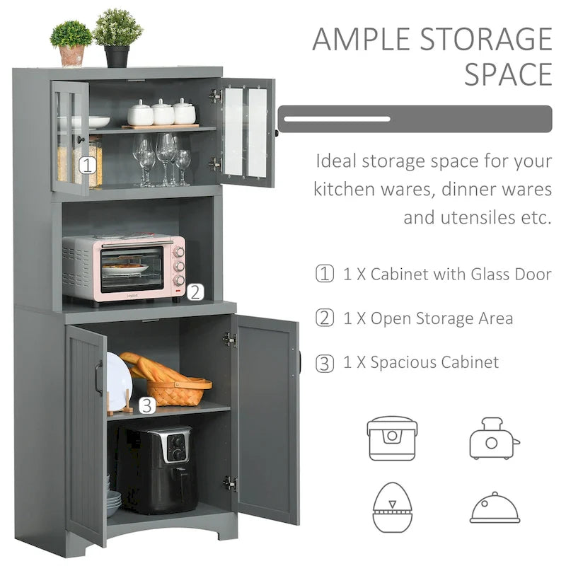 Tall Kitchen Buffet Hutch Cabinet with Glass Framed Doors and Open Microwave Space, White