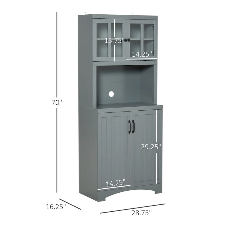 Tall Kitchen Buffet Hutch Cabinet with Glass Framed Doors and Open Microwave Space, White