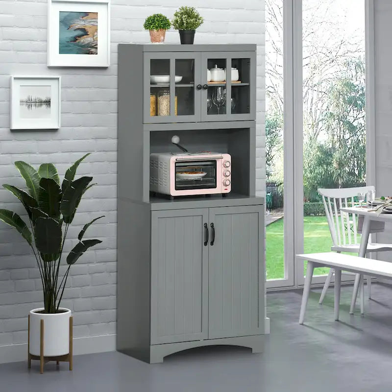 Tall Kitchen Buffet Hutch Cabinet with Glass Framed Doors and Open Microwave Space, White