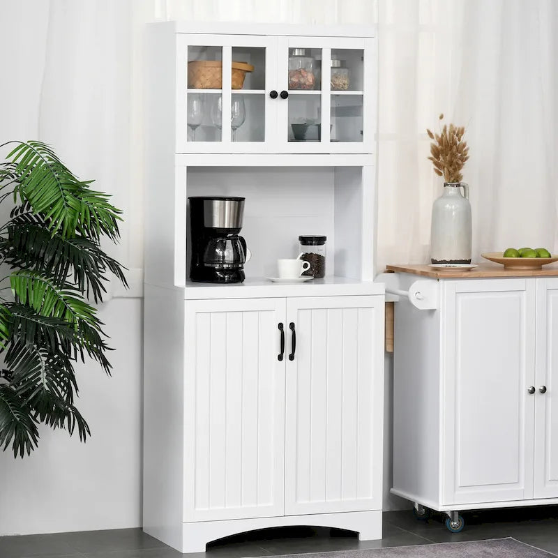 Tall Kitchen Buffet Hutch Cabinet with Glass Framed Doors and Open Microwave Space, White