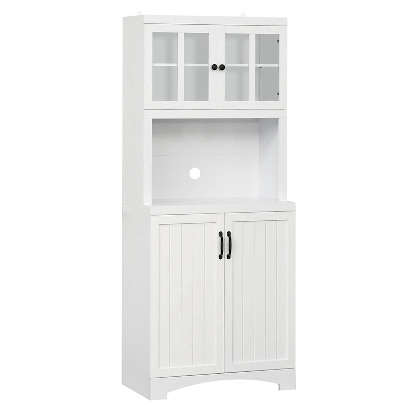 Tall Kitchen Buffet Hutch Cabinet with Glass Framed Doors and Open Microwave Space, White