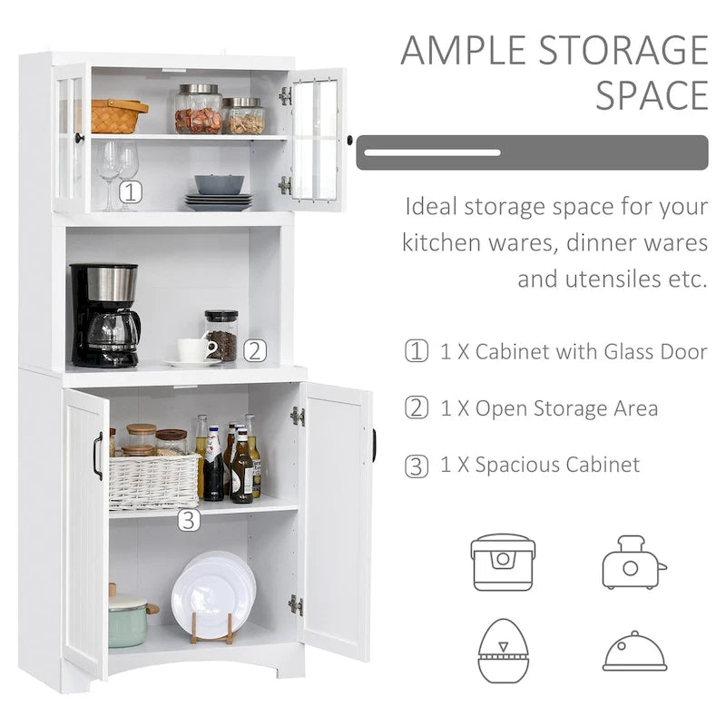 Tall Kitchen Buffet Hutch Cabinet with Glass Framed Doors and Open Microwave Space, White