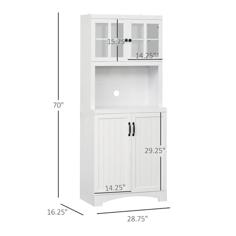 Tall Kitchen Buffet Hutch Cabinet with Glass Framed Doors and Open Microwave Space, White