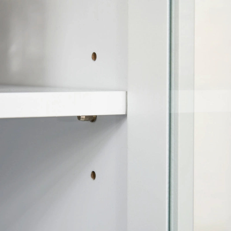 Tall Kitchen Buffet Hutch Cabinet with Glass Framed Doors and Open Microwave Space, White
