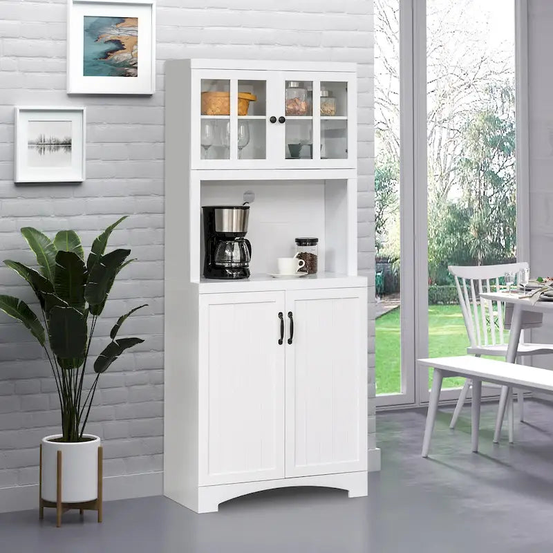 Tall Kitchen Buffet Hutch Cabinet with Glass Framed Doors and Open Microwave Space, White