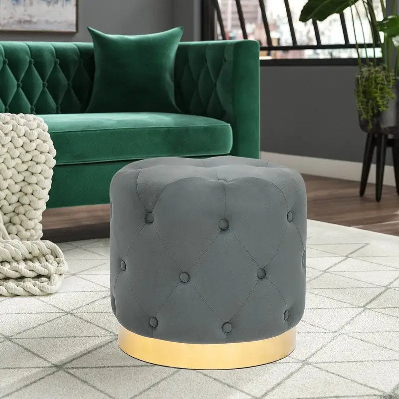 Round Tufted Velvet Ottoman Footrest Stool with Gold Metal Base, Multi-Color