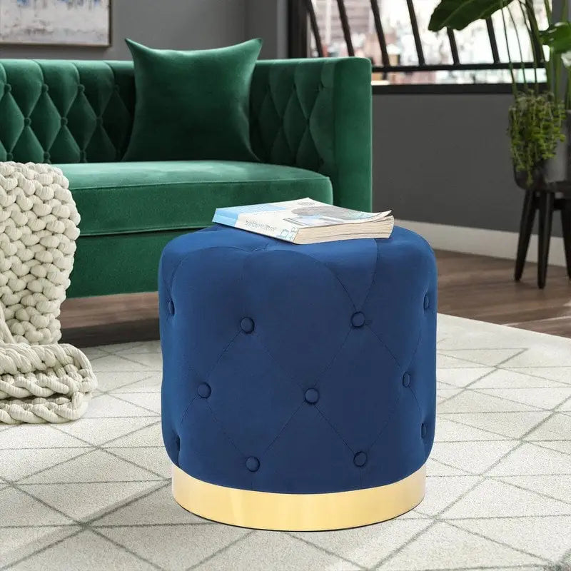 Tabouret repose-pieds ottoman rond en velours capitonné avec base en métal doré, multicolore