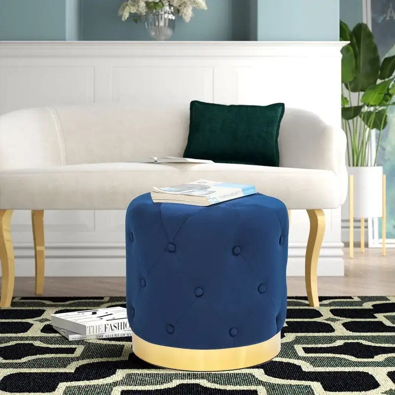 Round Tufted Velvet Ottoman Footrest Stool with Gold Metal Base, Multi-Color
