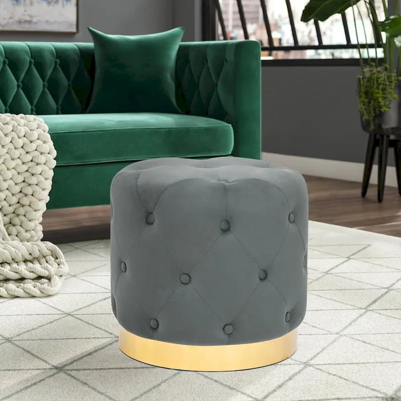 Round Tufted Velvet Ottoman Footrest Stool with Gold Metal Base, Multi-Color