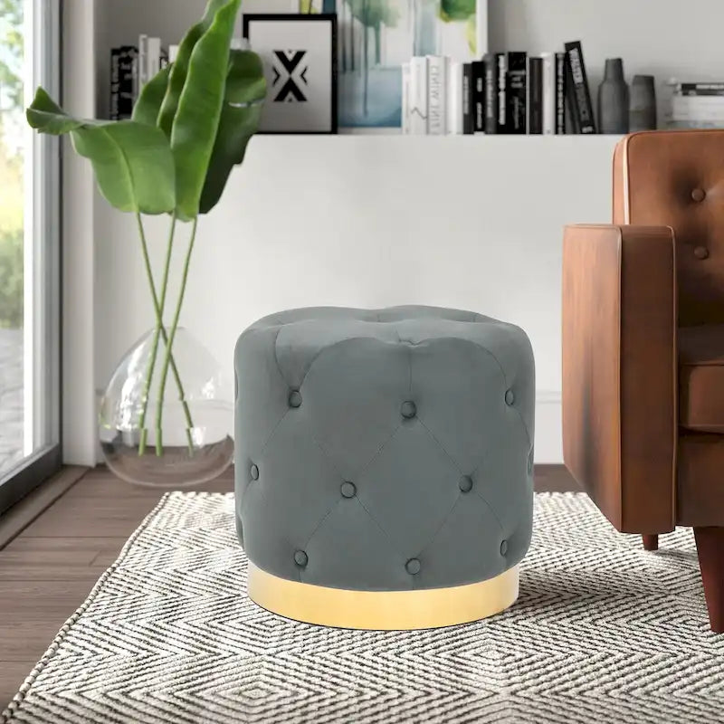 Round Tufted Velvet Ottoman Footrest Stool with Gold Metal Base, Multi-Color