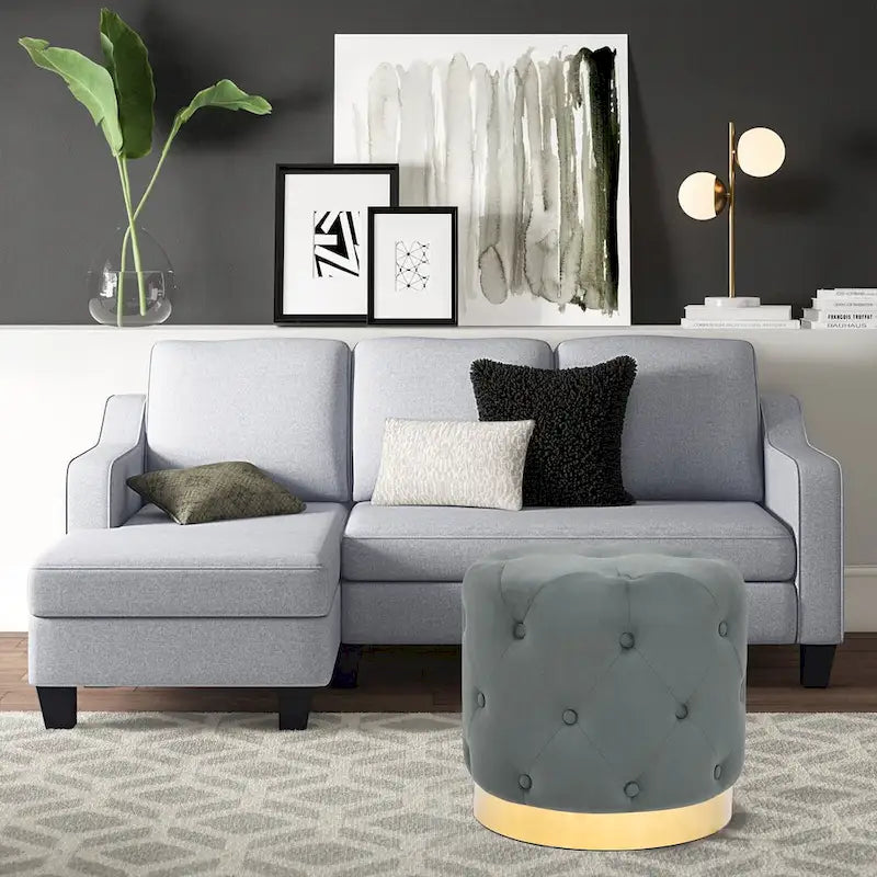 Round Tufted Velvet Ottoman Footrest Stool with Gold Metal Base, Multi-Color