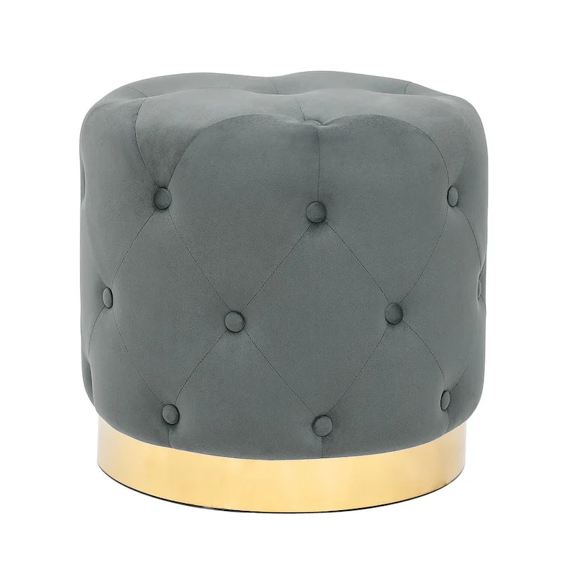 Round Tufted Velvet Ottoman Footrest Stool with Gold Metal Base, Multi-Color
