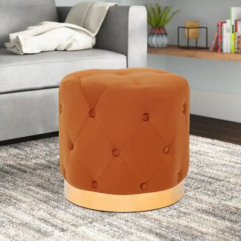 Round Tufted Velvet Ottoman Footrest Stool with Gold Metal Base, Multi-Color