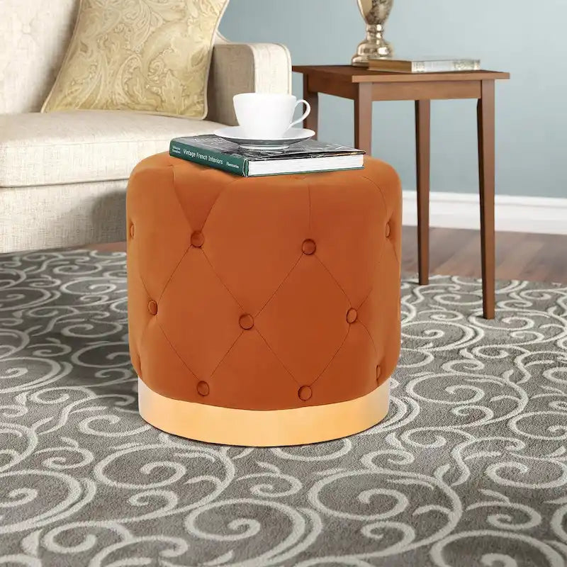 Round Tufted Velvet Ottoman Footrest Stool with Gold Metal Base, Multi-Color