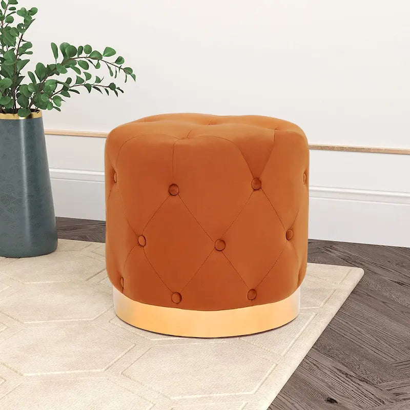 Round Tufted Velvet Ottoman Footrest Stool with Gold Metal Base, Multi-Color