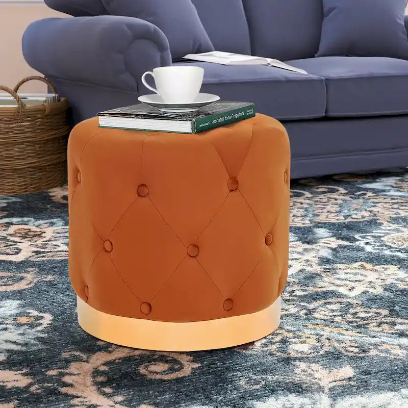 Round Tufted Velvet Ottoman Footrest Stool with Gold Metal Base, Multi-Color